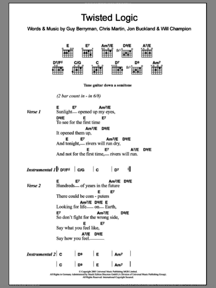 Twisted Logic sheet music for guitar (chords) by Coldplay, Chris Martin, Guy Berryman, Jon Buckland and Will Champion, intermediate skill level