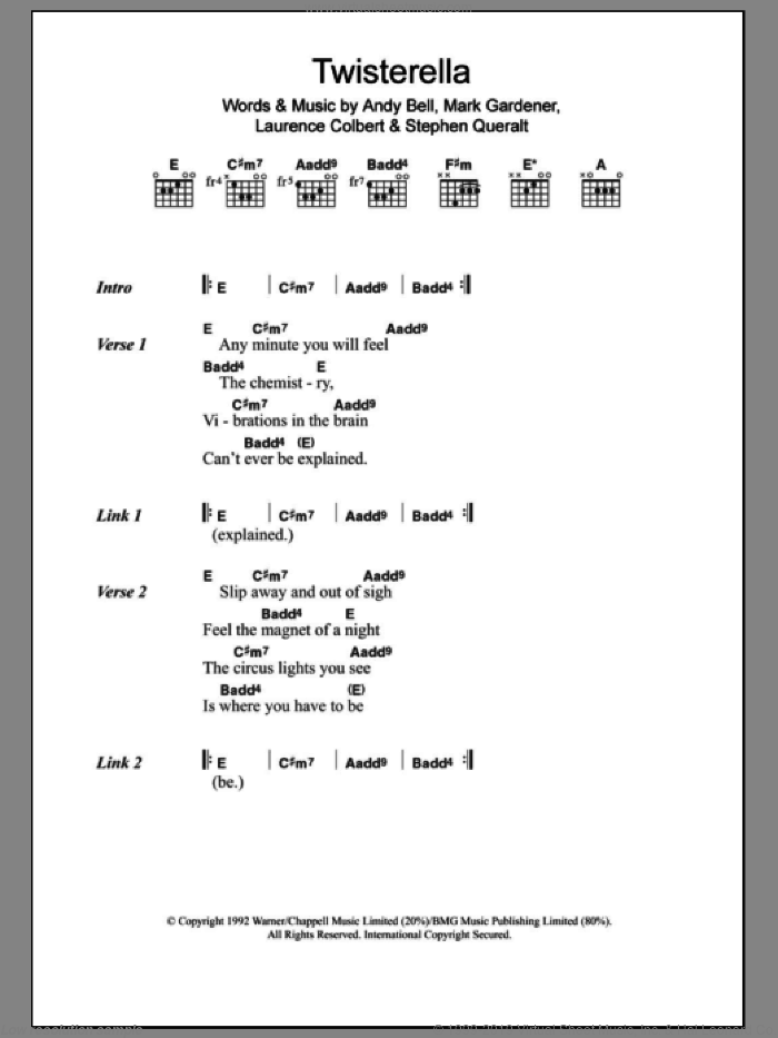Twisterella sheet music for guitar (chords) by Ride, Andy Bell, Laurence Colbert, Mark Gardener and Stephen Queralt, intermediate skill level