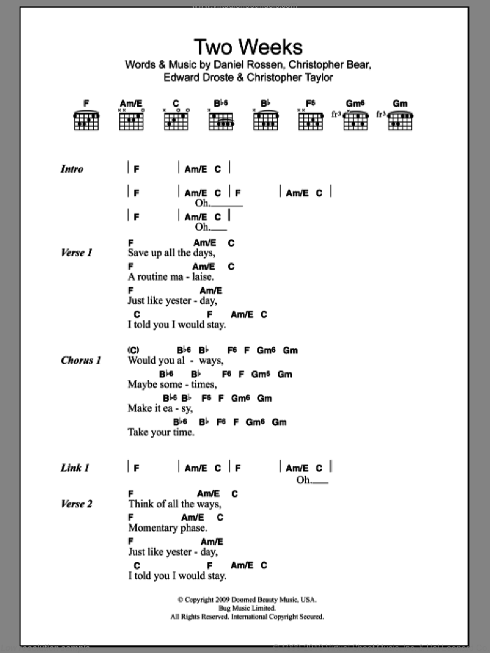 Two Weeks sheet music for guitar (chords) by Grizzly Bear, Christopher Bear, Christopher Taylor, Daniel Rossen and Edward Droste, intermediate skill level