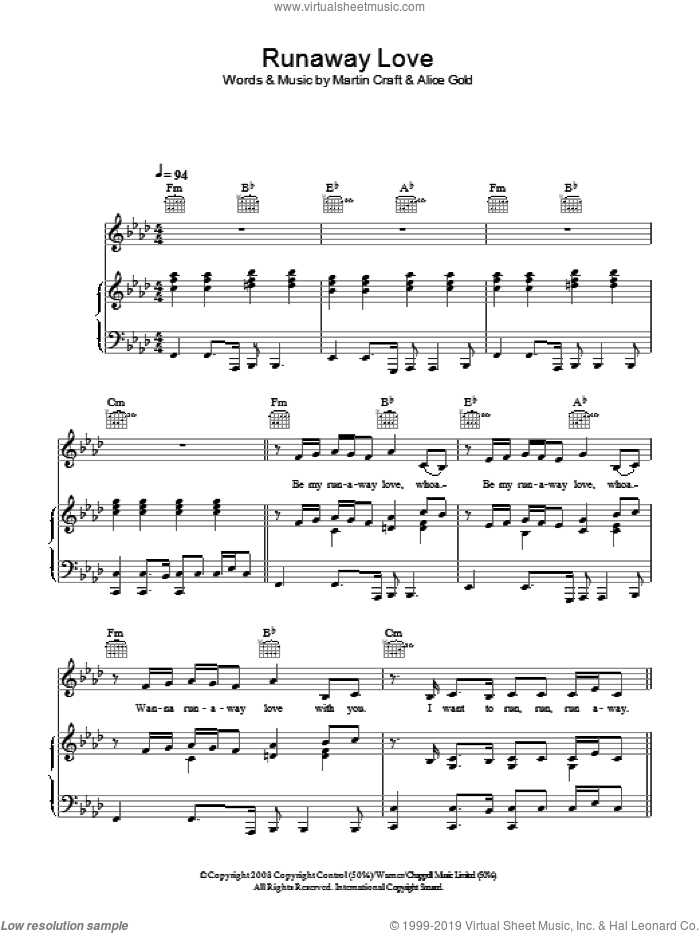 Runaway Love sheet music for voice, piano or guitar by Alice Gold and Martin Craft, intermediate skill level