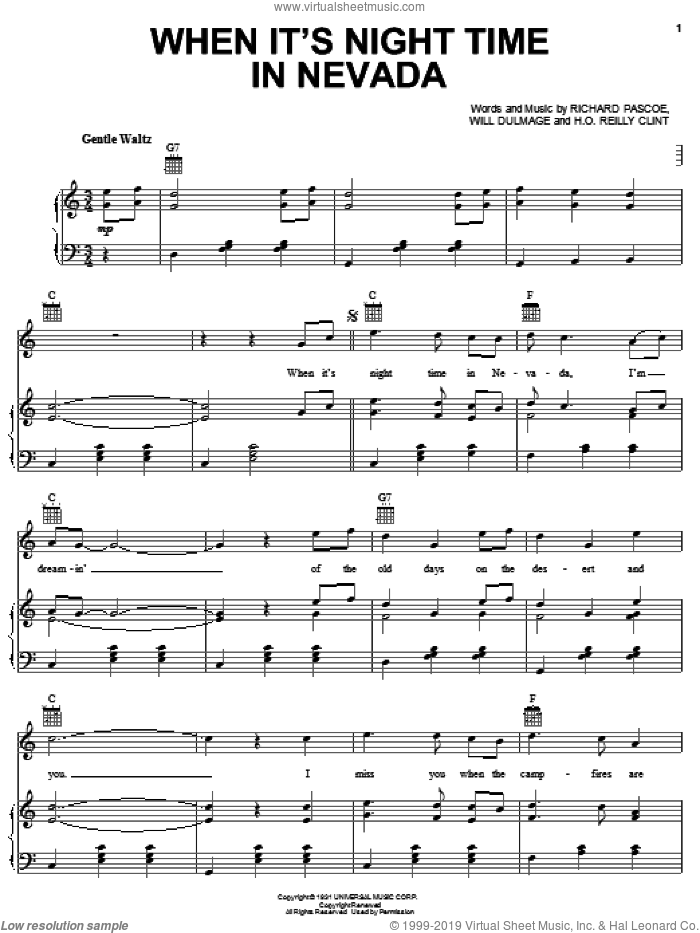 When It's Night Time In Nevada sheet music for voice, piano or guitar by Gene Autry, H.O. Reilly Clint, Richard Pascoe and Will Dulmage, intermediate skill level