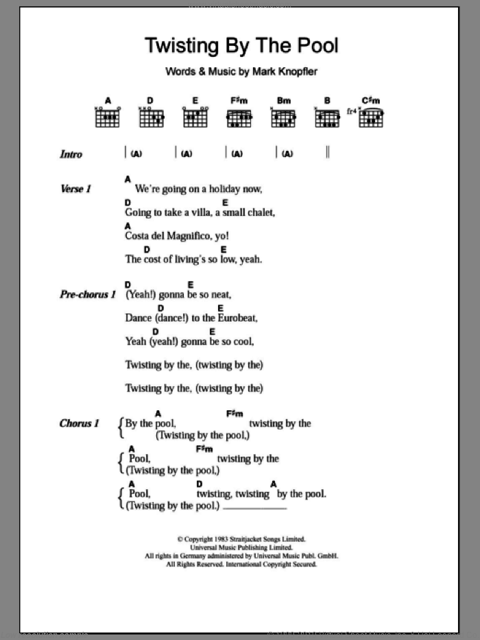 Twisting By The Pool sheet music for guitar (chords) by Dire Straits and Mark Knopfler, intermediate skill level