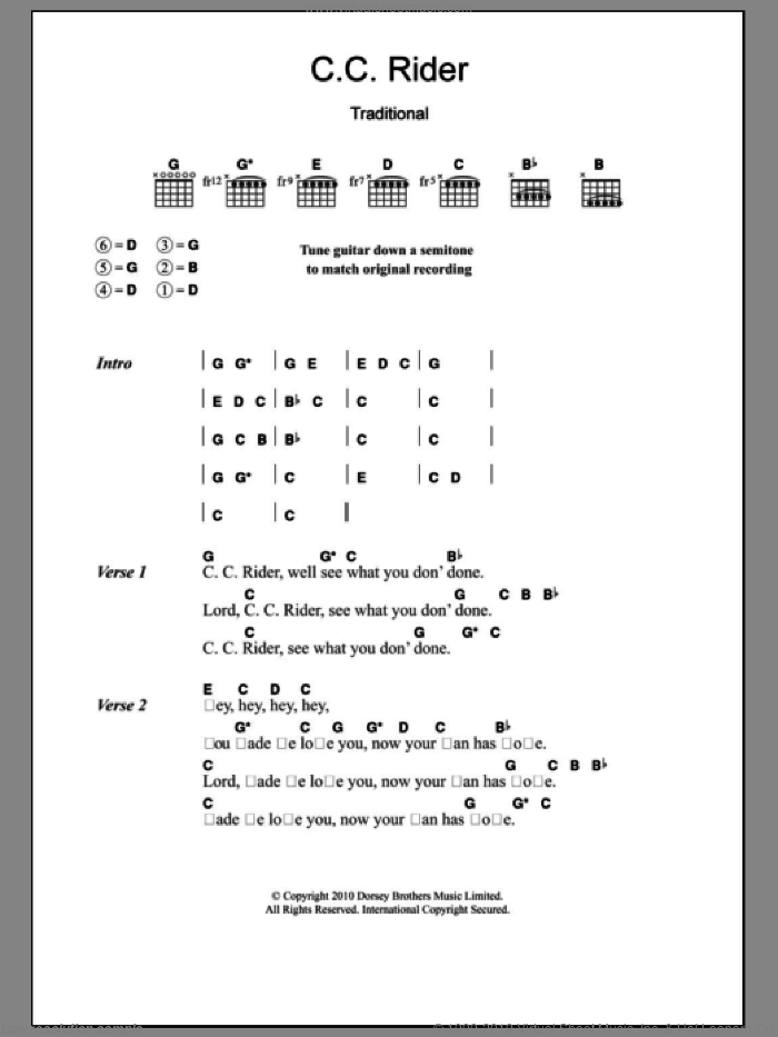 C.C. Rider sheet music for guitar (chords) by Lead Belly and Miscellaneous, intermediate skill level
