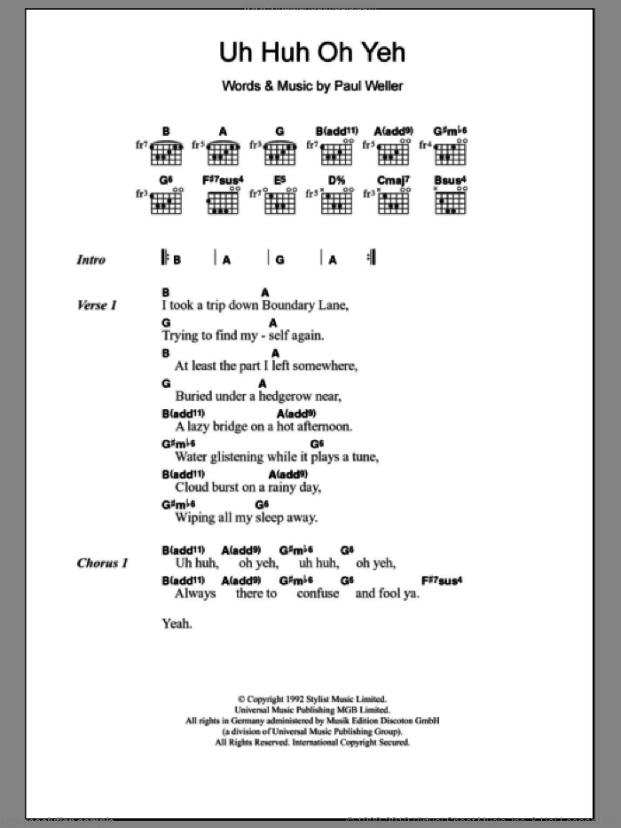 Uh Huh Oh Yeh sheet music for guitar (chords) by Paul Weller, intermediate skill level