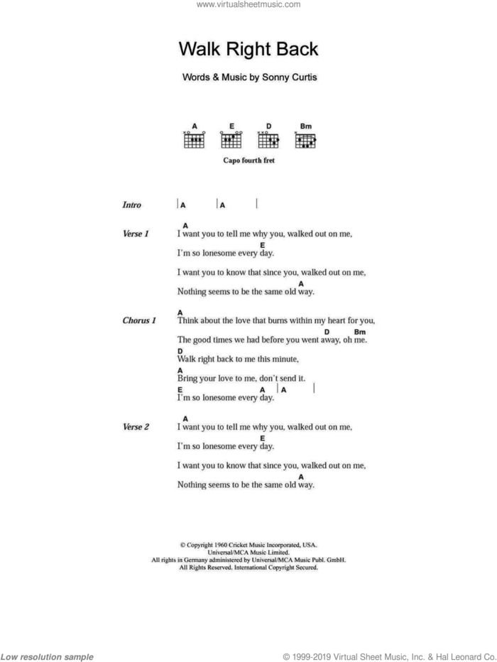 Walk Right Back sheet music for guitar (chords) by Everly Brothers and Sonny Curtis, intermediate skill level