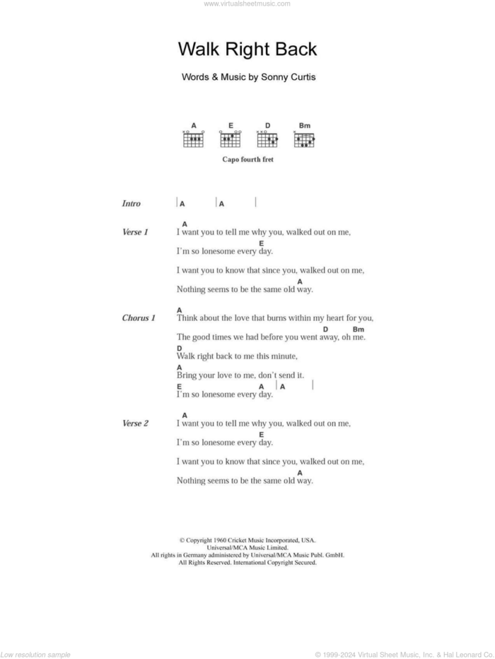 Walk Right Back sheet music for guitar (chords) by Everly Brothers and Sonny Curtis, intermediate skill level