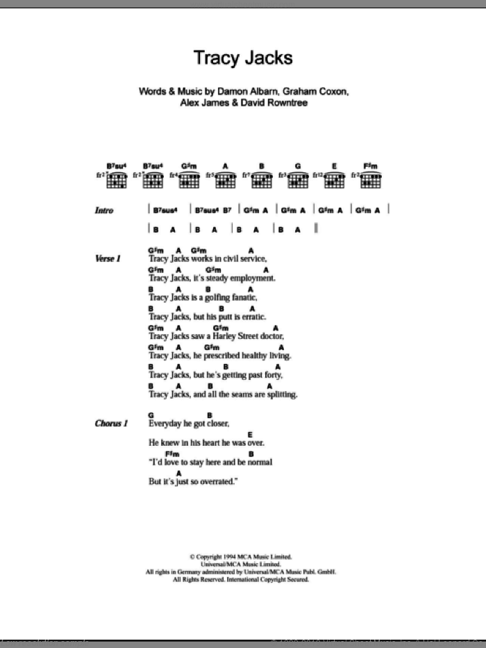 Tracy Jacks sheet music for guitar (chords) by Blur, Alex James, Damon Albarn, David Rowntree and Graham Coxon, intermediate skill level