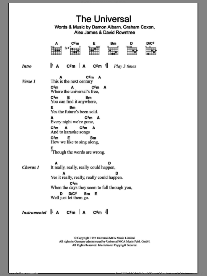 The Universal sheet music for guitar (chords) by Blur, Alex James, Damon Albarn, David Rowntree and Graham Coxon, intermediate skill level