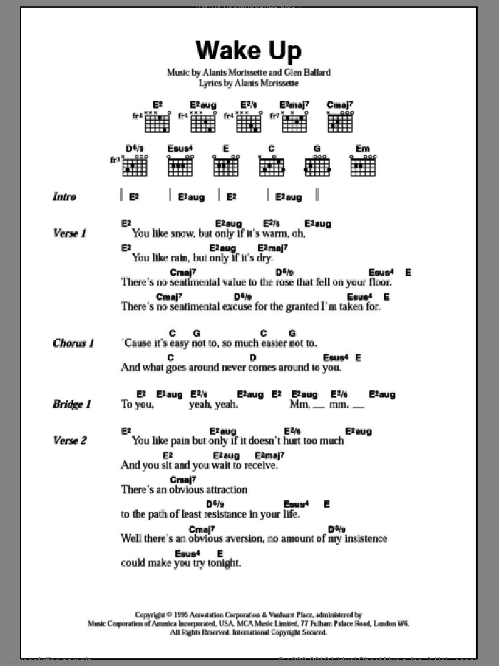 Wake Up sheet music for guitar (chords) by Alanis Morissette and Glen Ballard, intermediate skill level