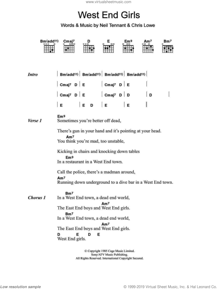 West End Girls sheet music for guitar (chords) by The Pet Shop Boys, Chris Lowe and Neil Tennant, intermediate skill level