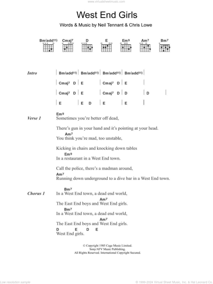 West End Girls sheet music for guitar (chords) by The Pet Shop Boys, Chris Lowe and Neil Tennant, intermediate skill level