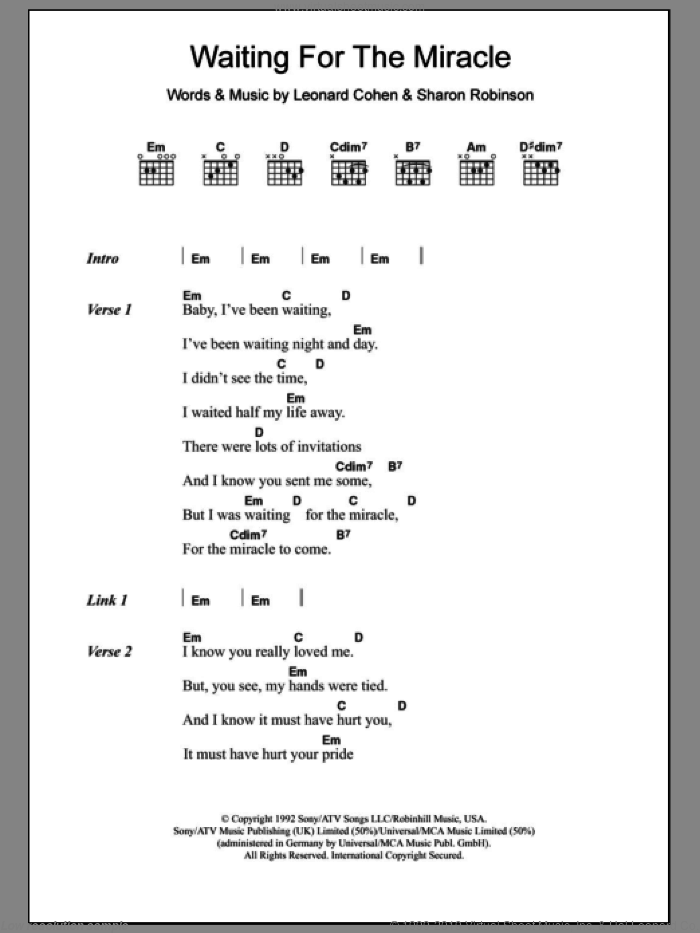 Waiting For The Miracle sheet music for guitar (chords) by Leonard Cohen and Sharon Robinson, intermediate skill level