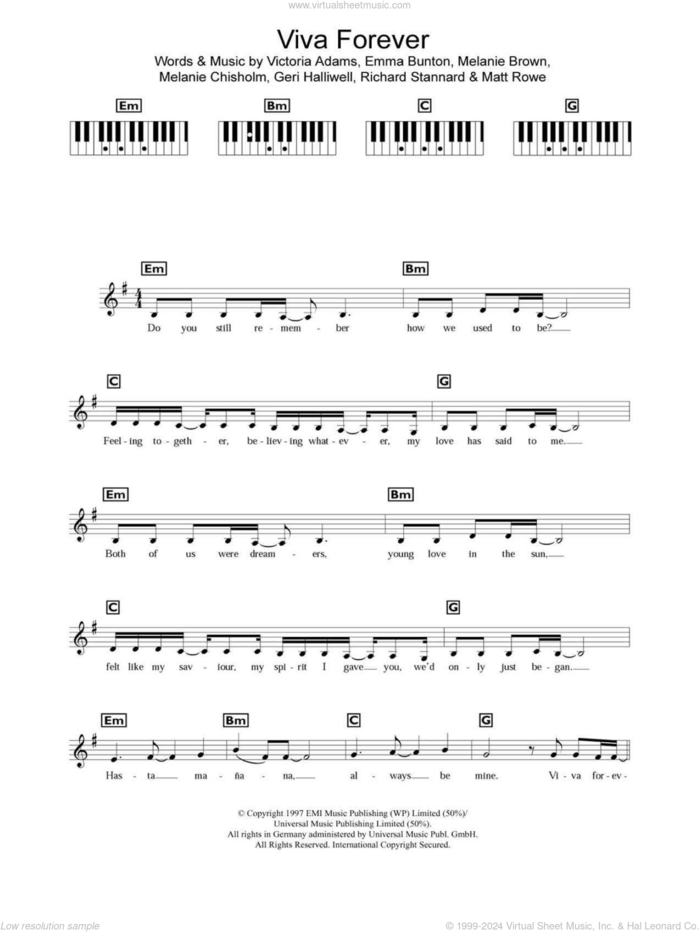 Viva Forever sheet music for piano solo (chords, lyrics, melody) by The Spice Girls, Emma Bunton, Geri Halliwell, Matt Rowe, Melanie Brown, Melanie Chisholm, Richard Stannard and Victoria Adams, intermediate piano (chords, lyrics, melody)