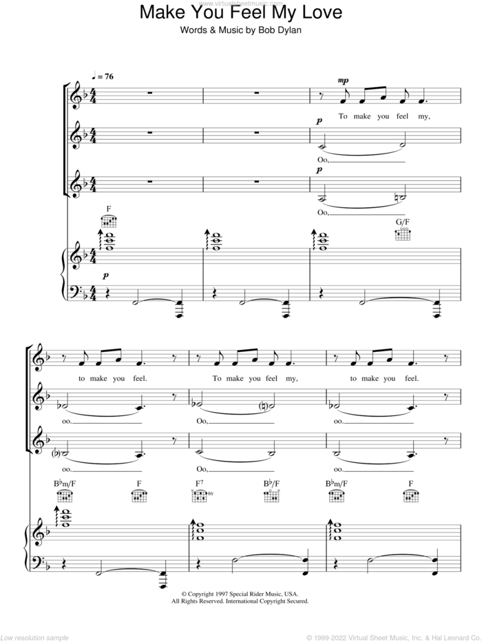 Make You Feel My Love sheet music for choir (SSA: soprano, alto) by Bob Dylan and Adele, intermediate skill level