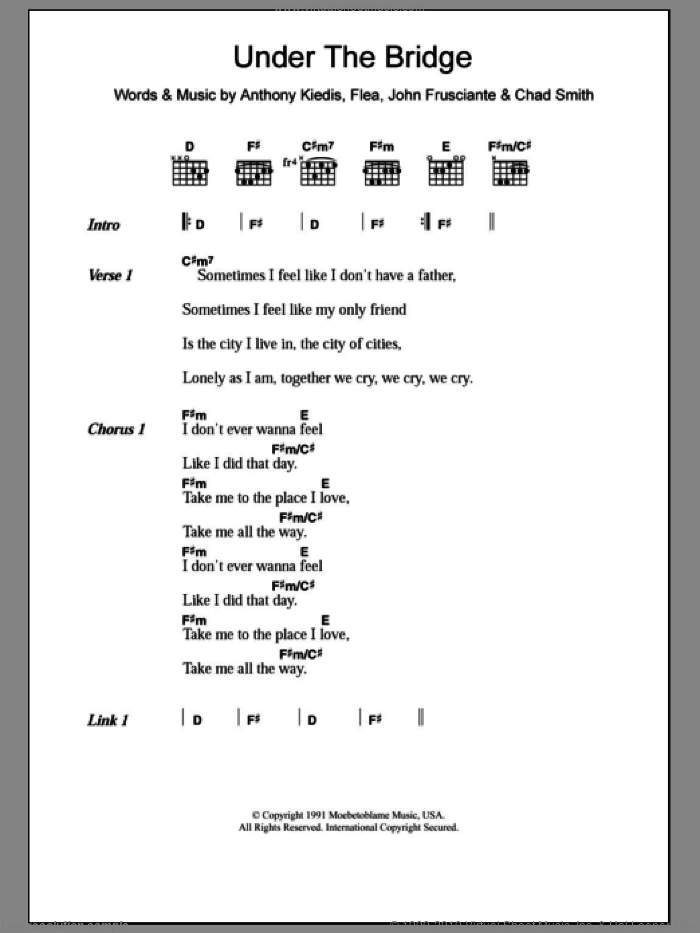 Under The Bridge sheet music for guitar (chords) by All Saints, Red Hot Chili Peppers, Red Hot Chilli Peppers, Anthony Kiedis, Chad Smith, Flea and John Frusciante, intermediate skill level