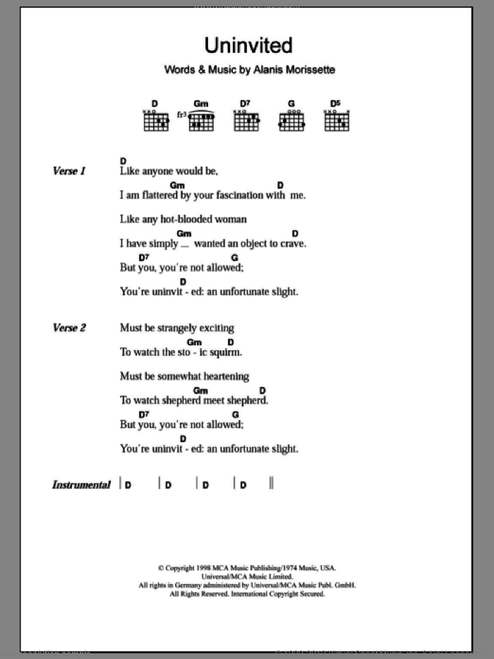 Uninvited sheet music for guitar (chords) by Alanis Morissette, intermediate skill level