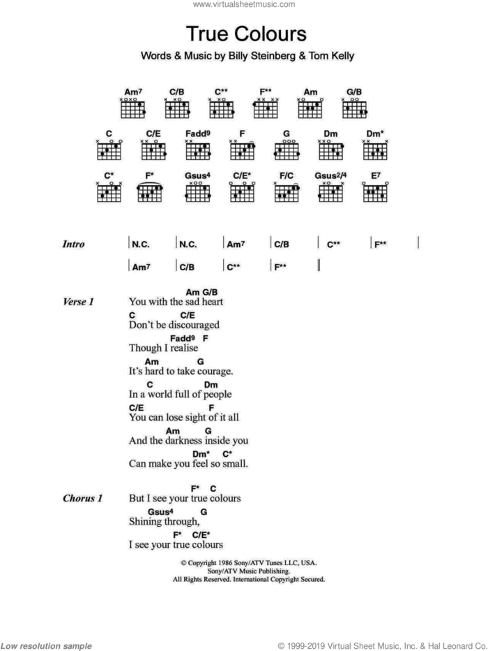 True Colours sheet music for guitar (chords) by Cyndi Lauper, Billy Steinberg and Tom Kelly, intermediate skill level
