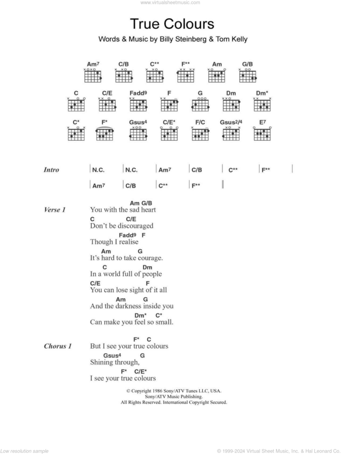 True Colours sheet music for guitar (chords) by Cyndi Lauper, Billy Steinberg and Tom Kelly, intermediate skill level