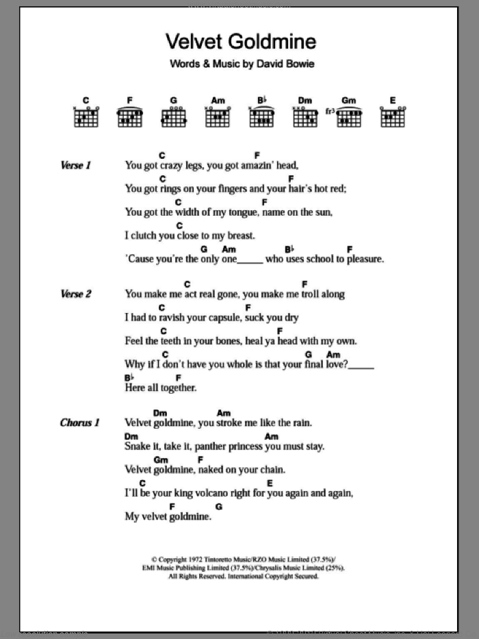 Velvet Goldmine sheet music for guitar (chords) by David Bowie, intermediate skill level