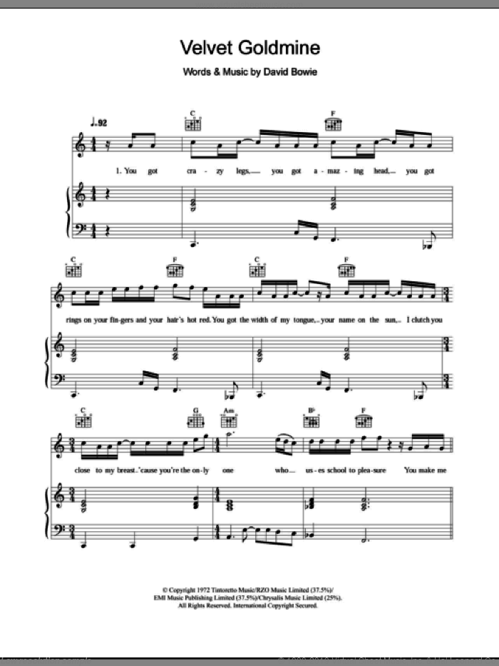 Velvet Goldmine sheet music for voice, piano or guitar by David Bowie, intermediate skill level