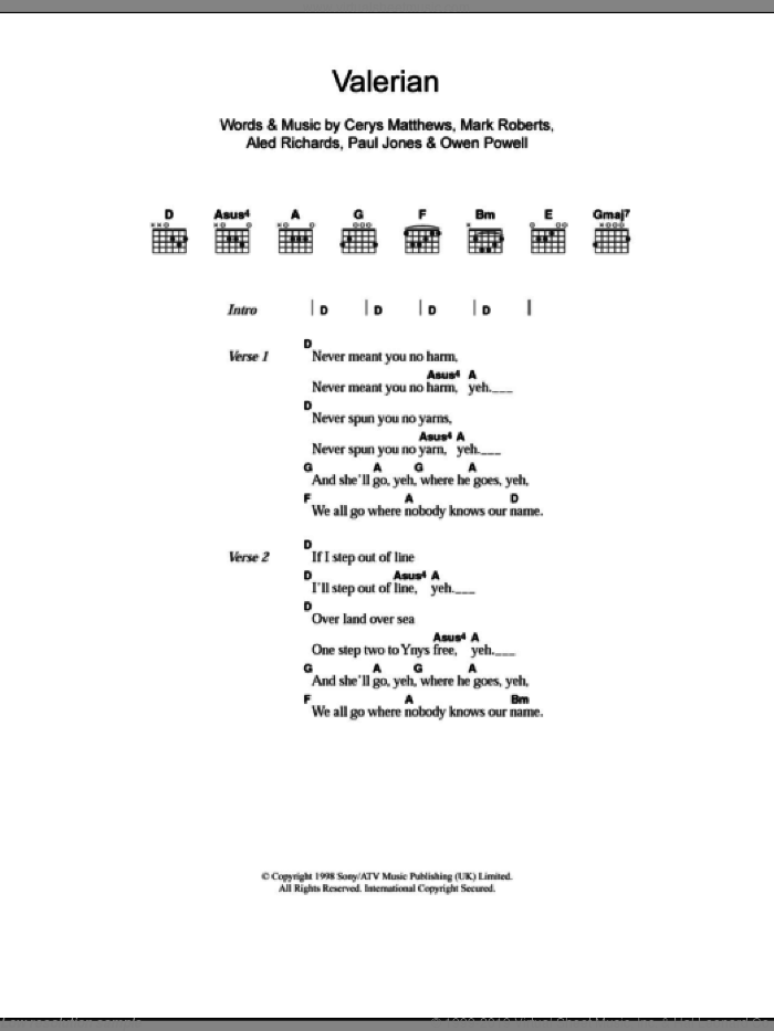 Valerian sheet music for guitar (chords) by Catatonia, Aled Richards, Cerys Matthews, Mark Roberts, Owen Powell and Paul Jones, intermediate skill level