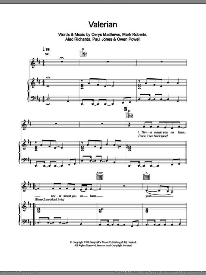 Valerian sheet music for voice, piano or guitar by Catatonia, Aled Richards, Cerys Matthews, Mark Roberts, Owen Powell and Paul Jones, intermediate skill level