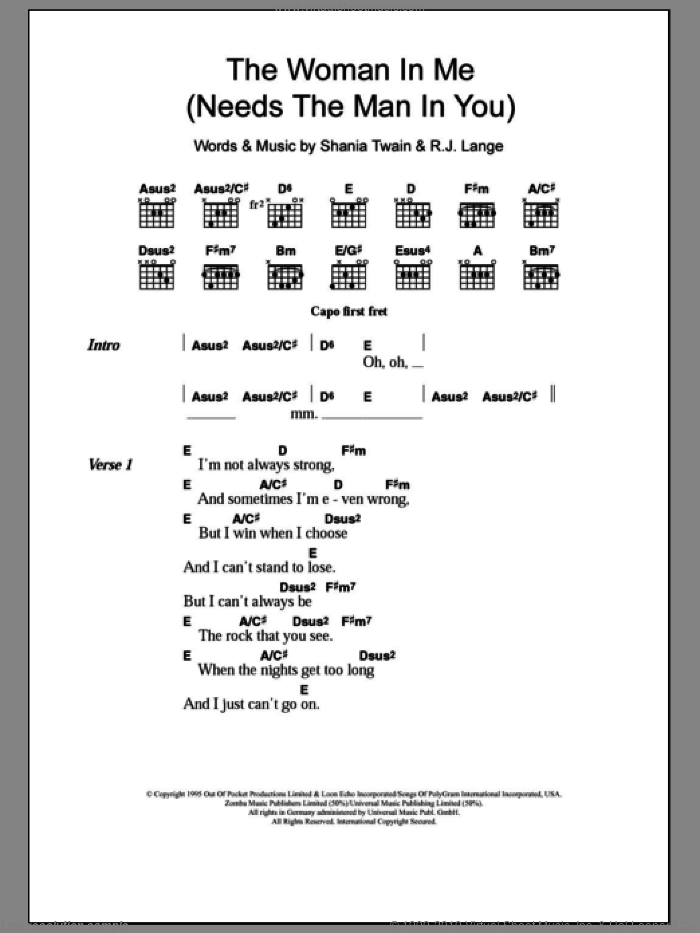 The Woman In Me (Needs The Man In You) sheet music for guitar (chords) by Shania Twain and Robert John Lange, intermediate skill level