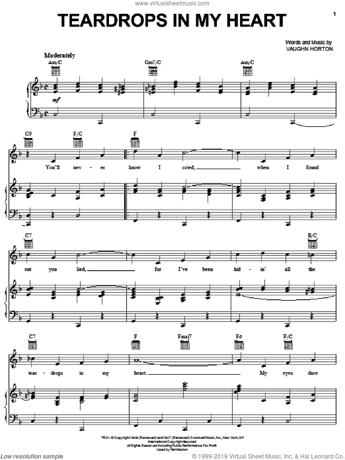 Teardrops In My Heart sheet music for voice, piano or guitar by The Sons Of The Pioneers, Jim Reeves, Ray Charles, Rex Allen, Jr. and Vaughn Horton, intermediate skill level