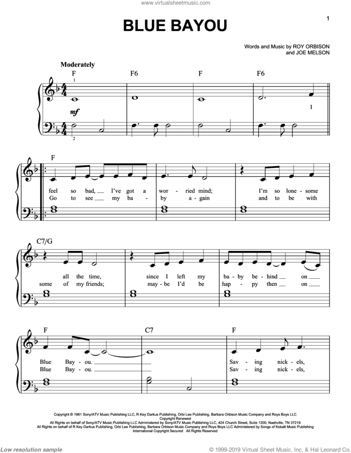 Blue Bayou sheet music for piano solo by Linda Ronstadt, Joe Melson and Roy Orbison, beginner skill level