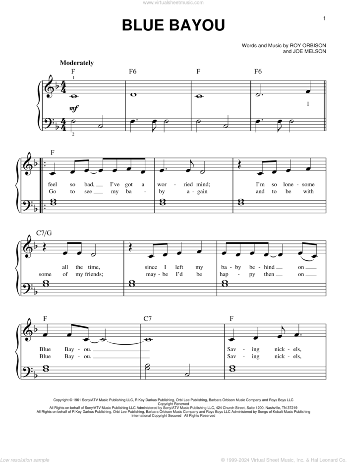 Blue Bayou sheet music for piano solo by Linda Ronstadt, Joe Melson and Roy Orbison, beginner skill level