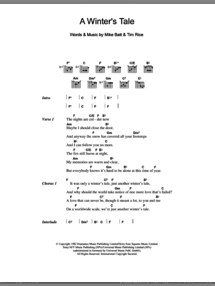A Winter's Tale sheet music for guitar (chords) by David Essex, Mike Batt and Tim Rice, intermediate skill level