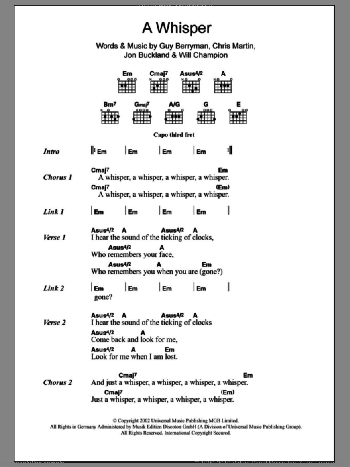A Whisper sheet music for guitar (chords) by Coldplay, Chris Martin, Guy Berryman, Jon Buckland and Will Champion, intermediate skill level