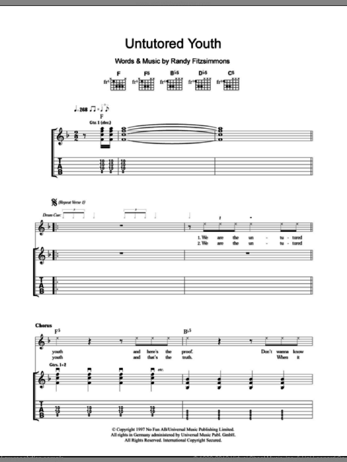 Untutored Youth sheet music for guitar (tablature) by The Hives and Randy Fitzsimmons, intermediate skill level