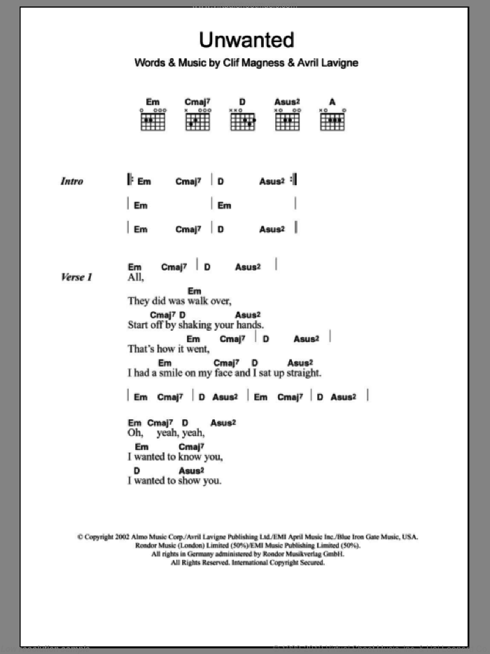 Unwanted sheet music for guitar (chords) by Avril Lavigne and Clif Magness, intermediate skill level