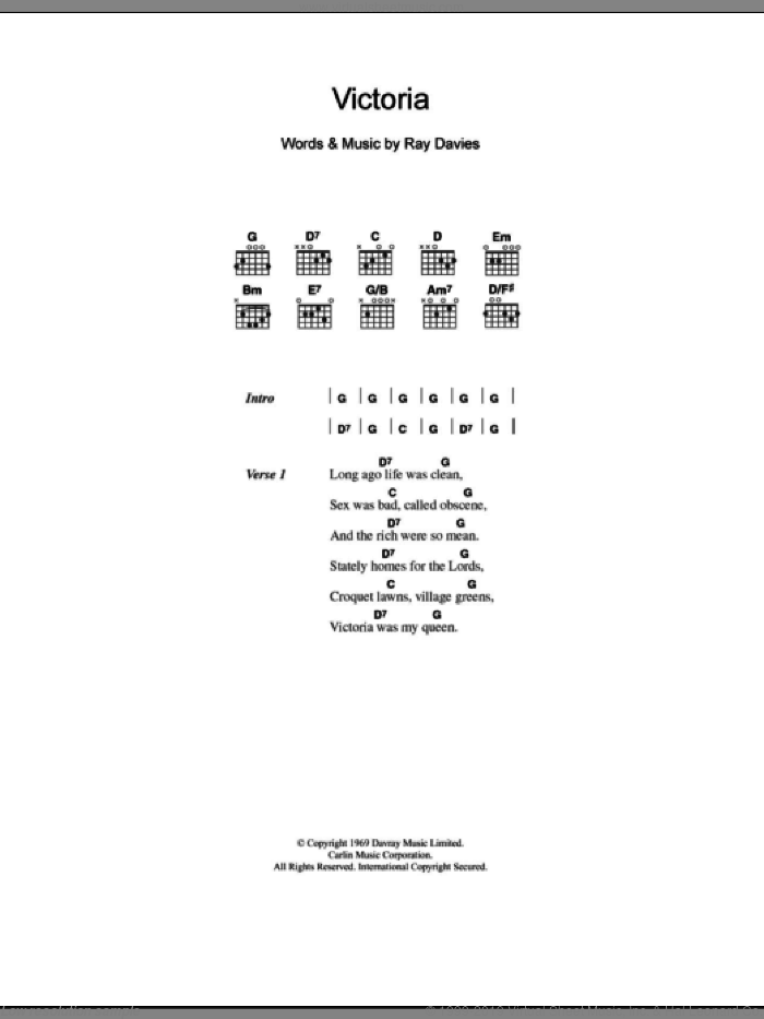 Victoria sheet music for guitar (chords) by The Kinks and Ray Davies, intermediate skill level