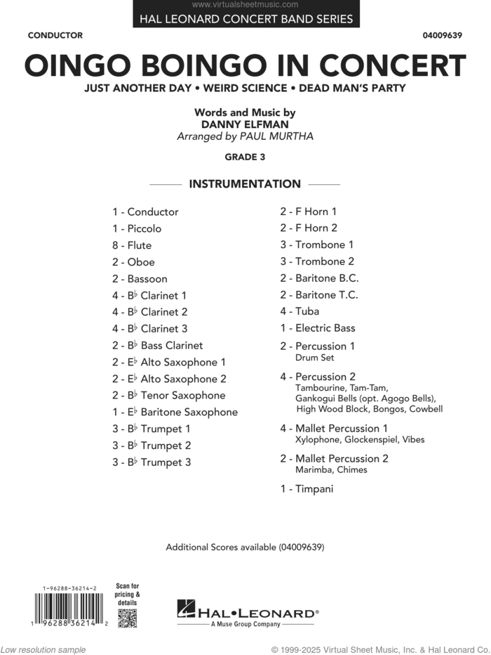 Oingo Boingo In Concert (arr. Paul Murtha) (COMPLETE) sheet music for concert band by Paul Murtha and Danny Elfman, intermediate skill level