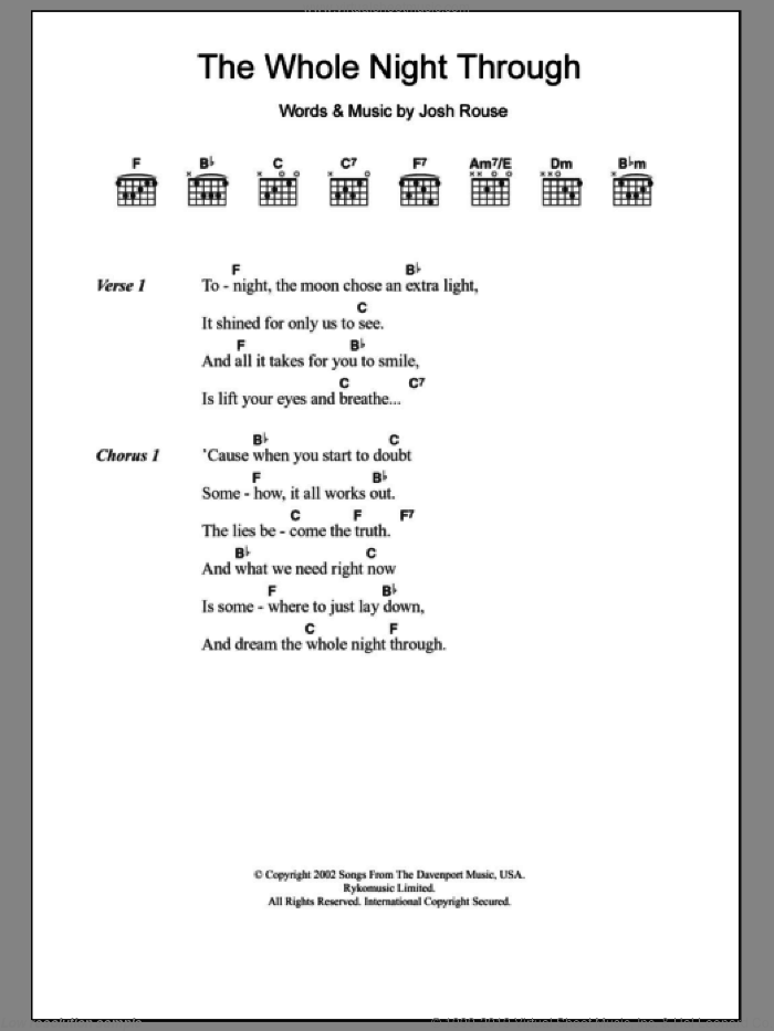 The Whole Night Through sheet music for guitar (chords) by Josh Rouse, intermediate skill level