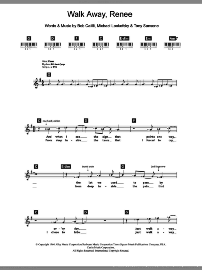 Walk Away, Renee sheet music for piano solo (chords, lyrics, melody) by The Four Tops, The Left Banke, Bob Calilli, Michael Lookofsky and Tony Sansone, intermediate piano (chords, lyrics, melody)