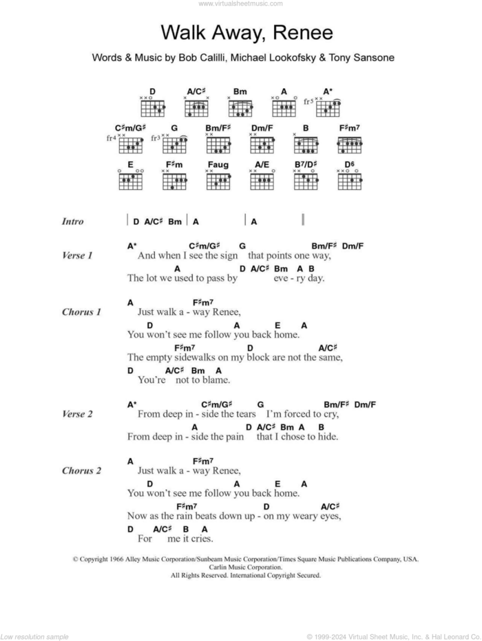 Walk Away Renee sheet music for guitar (chords) by The Four Tops, The Left Banke, Bob Calilli, Michael Lookofsky and Tony Sansone, intermediate skill level