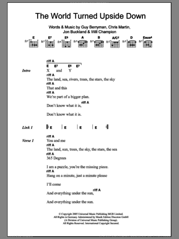 The World Turned Upside Down sheet music for guitar (chords) by Coldplay, Chris Martin, Guy Berryman, Jon Buckland and Will Champion, intermediate skill level