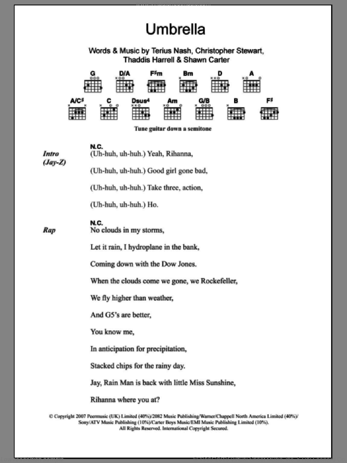 Umbrella sheet music for guitar (chords) by Rihanna featuring Jay-Z, Rihanna, Christopher Stewart, Shawn Carter, Terius Nash and Thaddis Harrell, intermediate skill level