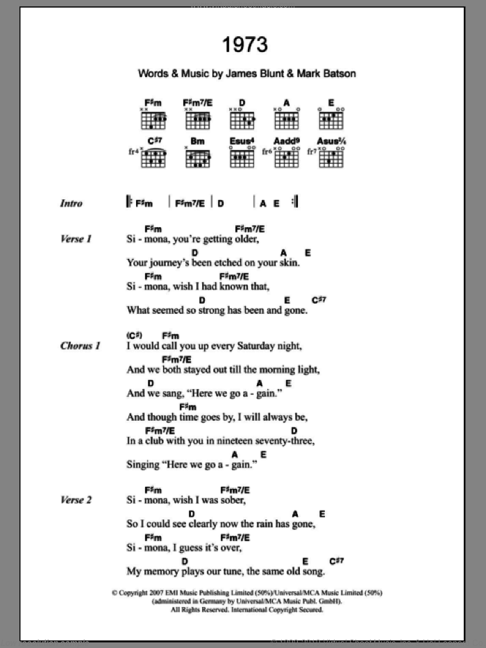 1973 sheet music for guitar (chords) by James Blunt and Mark Batson, intermediate skill level