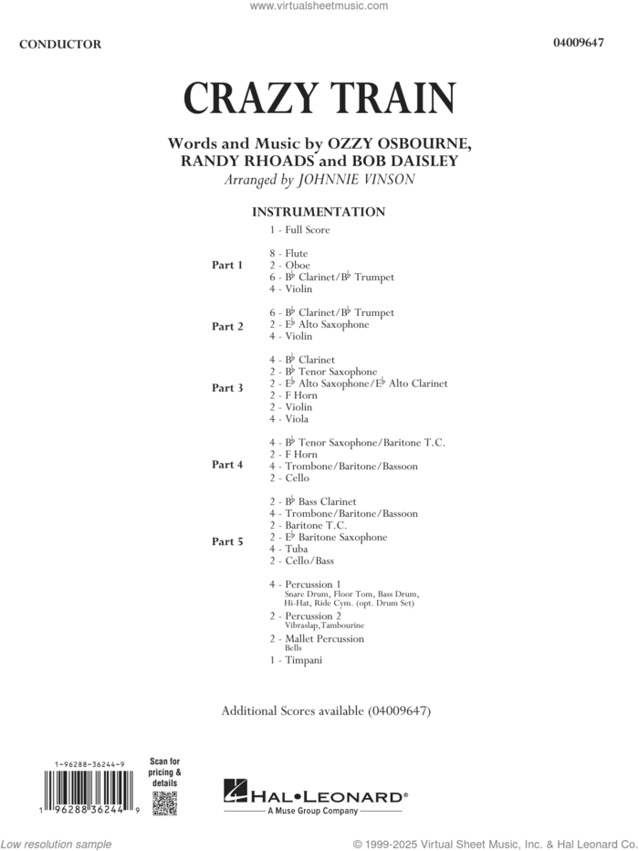 Crazy Train (arr. Johnnie Vinson) (COMPLETE) sheet music for concert band by Johnnie Vinson, Bob Daisley, Ozzy Osbourne and Randy Rhoads, intermediate skill level