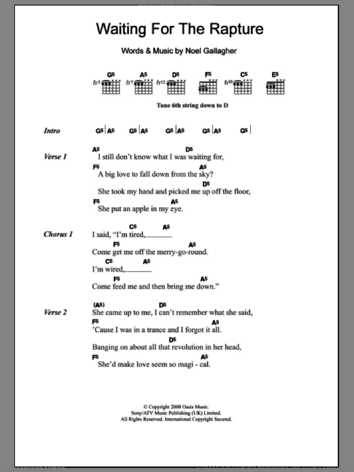 Waiting For The Rapture sheet music for guitar (chords) by Oasis and Noel Gallagher, intermediate skill level