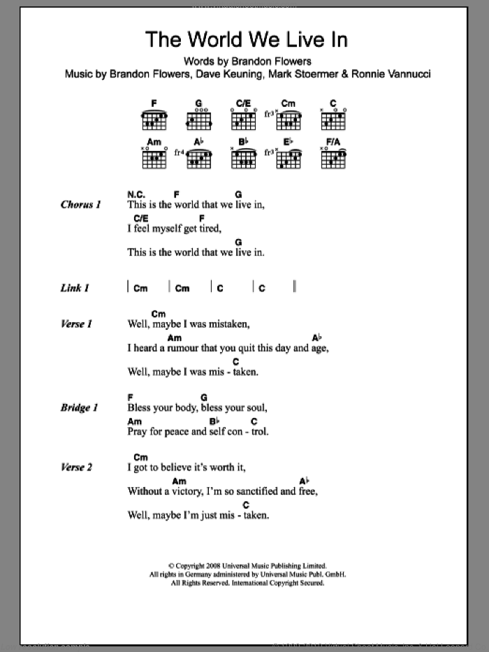 The World We Live In sheet music for guitar (chords) by The Killers, Brandon Flowers, Dave Keuning, Mark Stoermer and Ronnie Vannucci, intermediate skill level