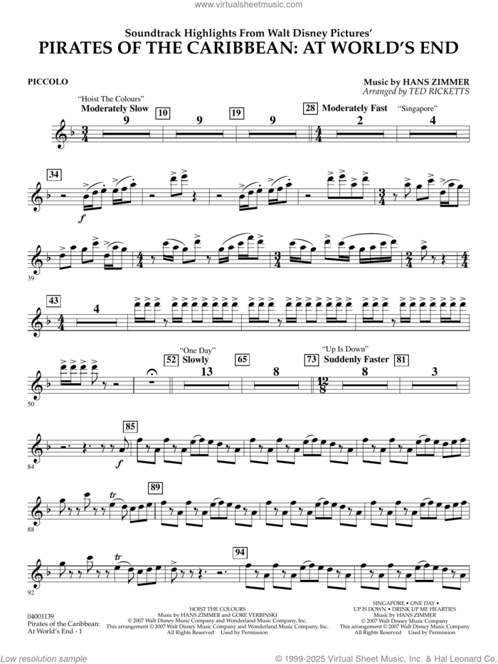 Pirates of the Caribbean: At World's End (Soundtrack Highlights) sheet music for concert band (piccolo) by Hans Zimmer and Ted Ricketts, intermediate skill level