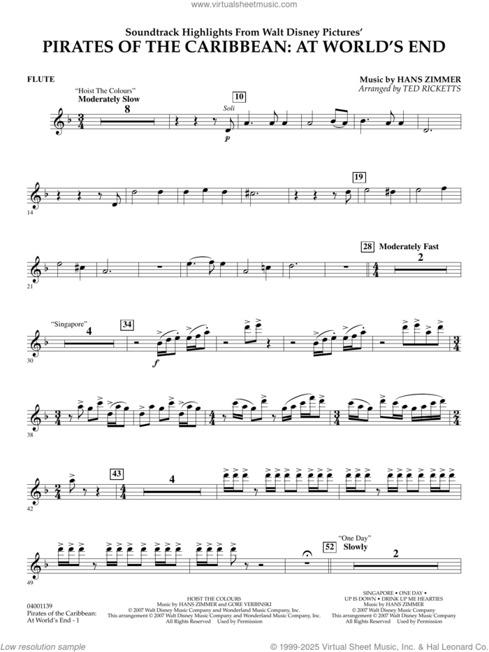 Pirates of the Caribbean: At World's End (Soundtrack Highlights) sheet music for concert band (flute) by Hans Zimmer and Ted Ricketts, intermediate skill level