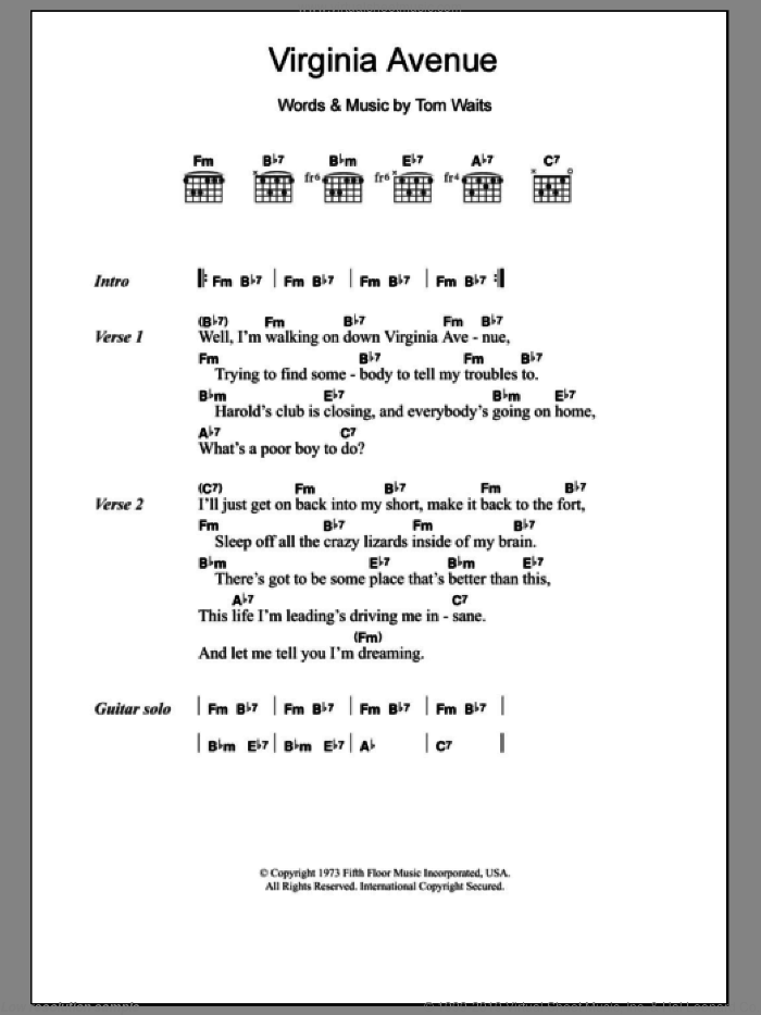Virginia Avenue sheet music for guitar (chords) by Tom Waits, intermediate skill level