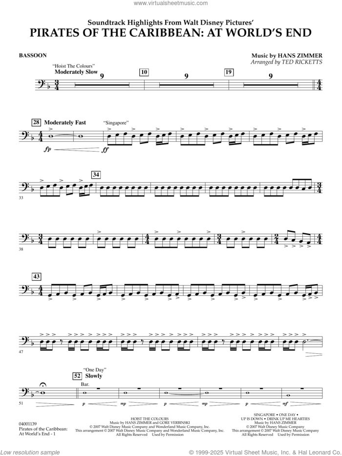 Pirates of the Caribbean: At World's End (Soundtrack Highlights) sheet music for concert band (bassoon) by Hans Zimmer and Ted Ricketts, intermediate skill level