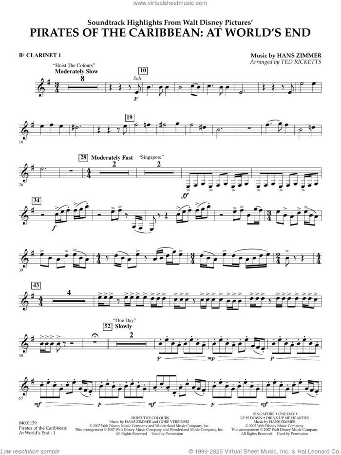 Pirates of the Caribbean: At World's End (Soundtrack Highlights) sheet music for concert band (Bb clarinet 1) by Hans Zimmer and Ted Ricketts, intermediate skill level